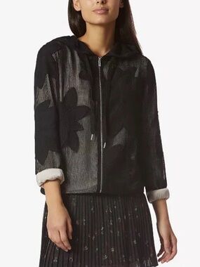 Avec Les Filles Black Mesh Jacket Size XL Floral Appliqué Full Zip Hooded Casual